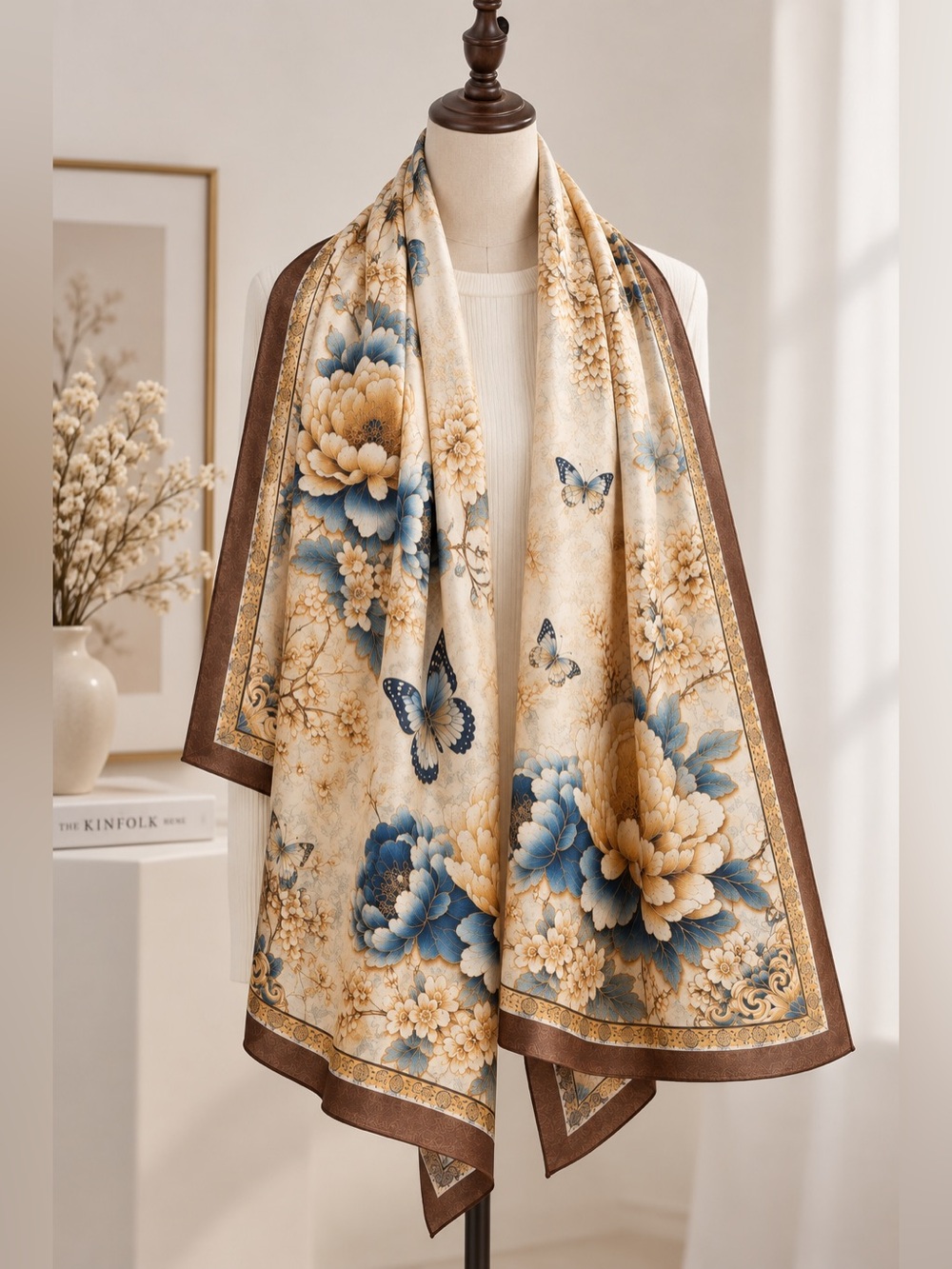 100% Mulberry Silk Scarf Women Floral Butterfly Peony Shawl Wrap 27.6 x 70.9 in